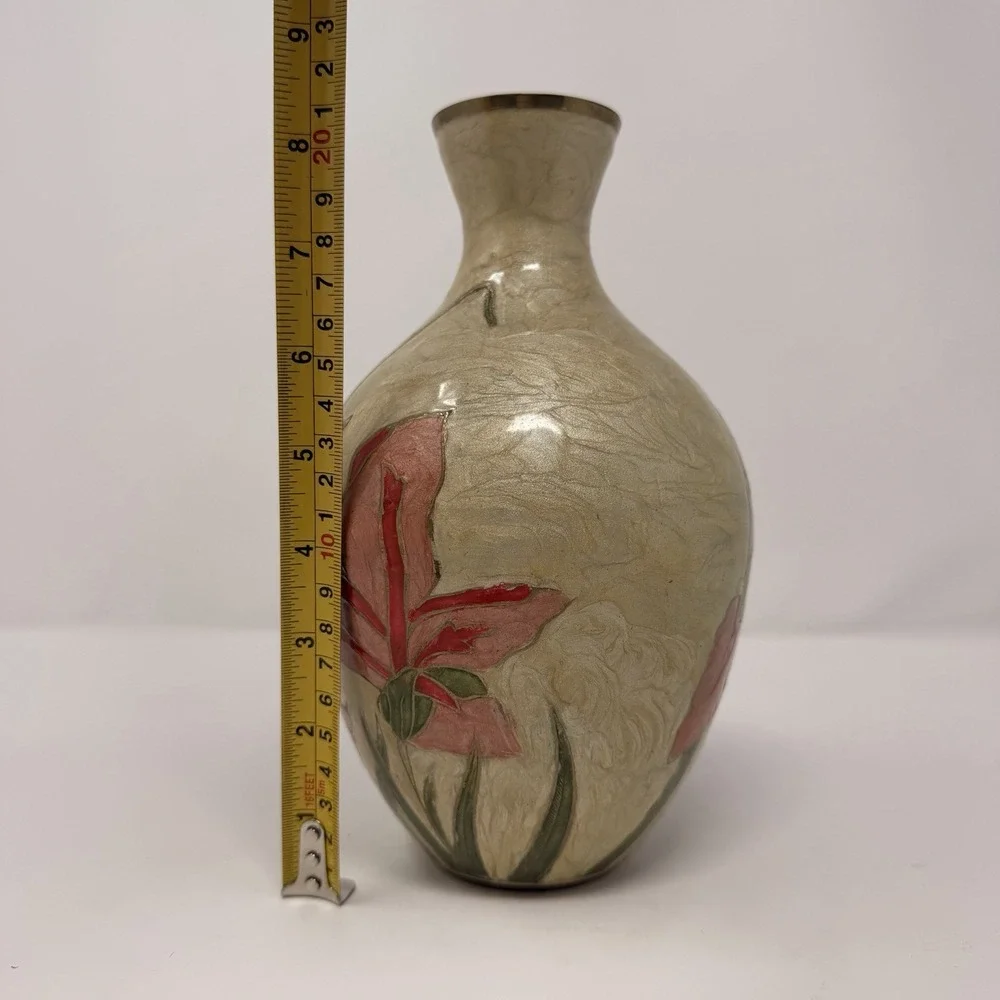 Vintage Brass Enamel Vase Made in India Hand Painted‎ Floral 9.5